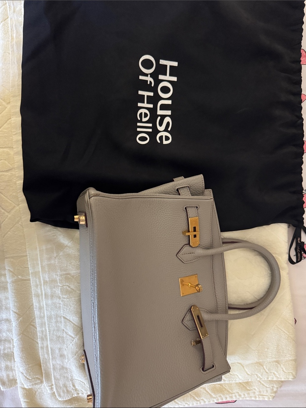 Gray Leather Top-Handle Tote with Gold Hardware